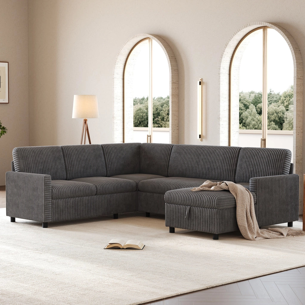 Divano letto angolare a U con contenitore e funzione letto in corduroy grigio