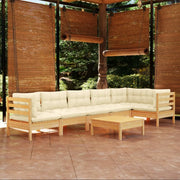 Set Salotto da Giardino 7pz con Cuscini Crema in Legno di Pino 3096400