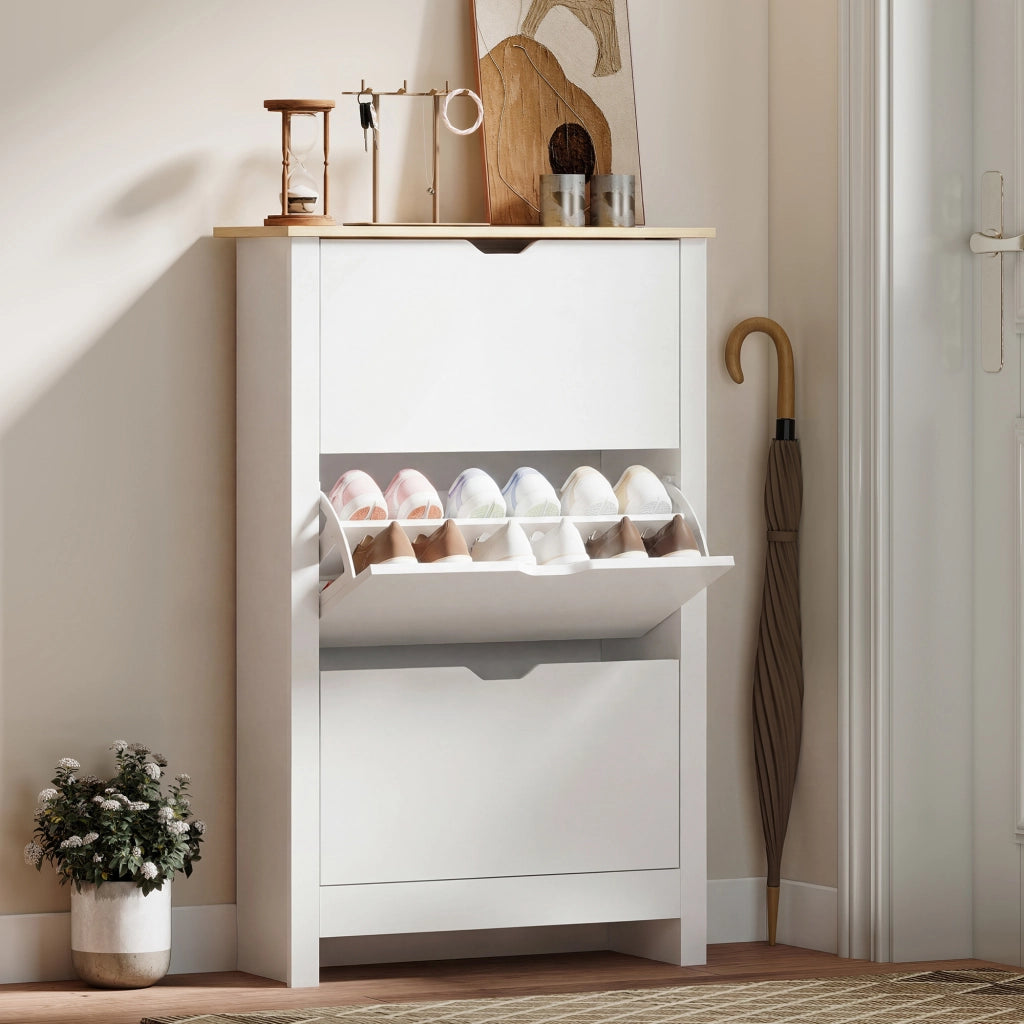 Armadio per Scarpe con 3 Ante e 2 Ripiani ¨C Zephmum ¨C Bianco Rovere 90x51x180