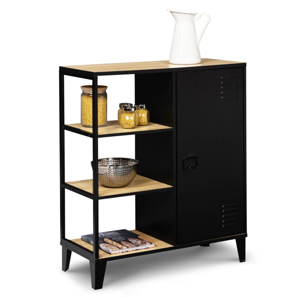 IDMarket - Credenza a 3 ripiani con armadietto in metallo nero e piano in legno 70 cm ESTER industrial design
