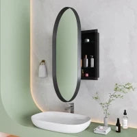 Armadio a specchio ovale da parete, armadietto con specchio e spazio interno per bagno, soggiorno e camera da letto, 85x51,5x12 cm, Nero