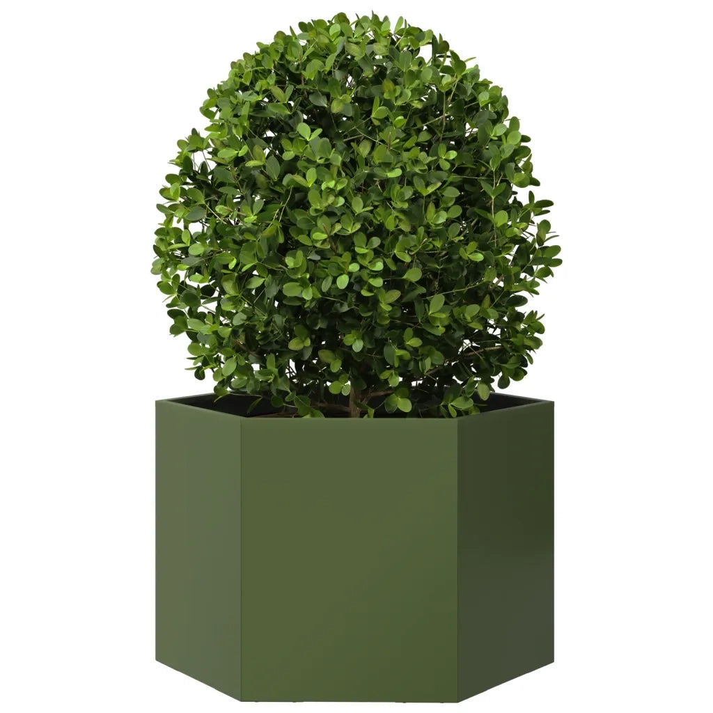 Fioriera da Giardino-Vaso da Esterno-Contenitore per Piante Verde Oliva Esagono 69x60x45 cm in Acciaio