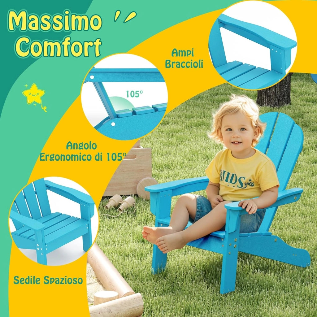 Sedia Adirondack per Bambini da Giardino, Sedie Ergonomica in HDPE con Schienale Inclinato e Braccioli, Poltrona per Interno ed Esterno, per Bambini 3 a 8 Anni, 52 x 53,5 x 64 cm (Azzuro)