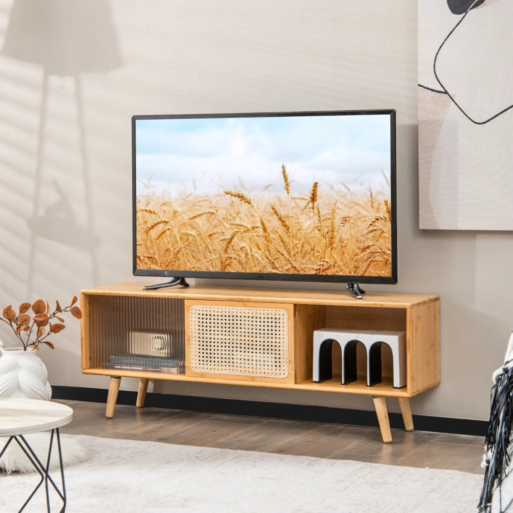 Mobili in bamb¨´ per TV fino a 55 pollici per il soggiorno, Centro di intrattenimento con ante scorrevoli in rattan-Mobili porta TV
