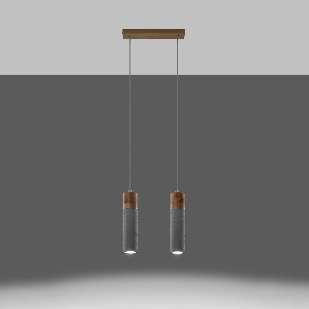 Lampada a sospensione in legno e cemento a 2 luci ZANE Persian Indigo, stile industriale