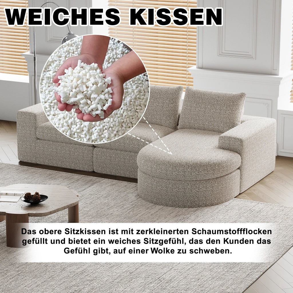 Divano modulare a quattro moduli con chaise longue reversibile e cuscini cervicali, in ciniglia beige e ferro