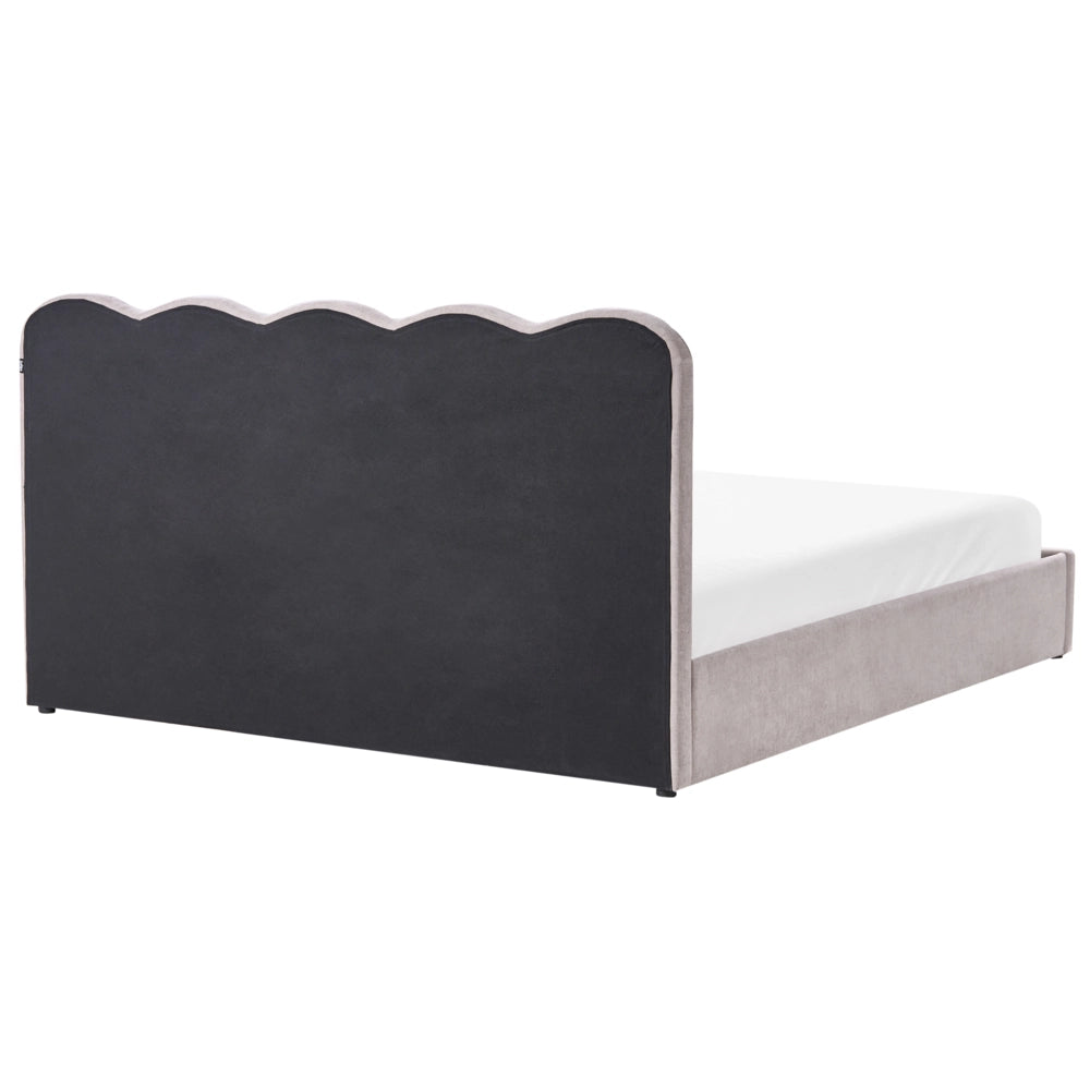 Letto in tessuto di ciniglia imbottito color tortora 180 x 200 cm contenitore elevabile con testiera e rete a doghe