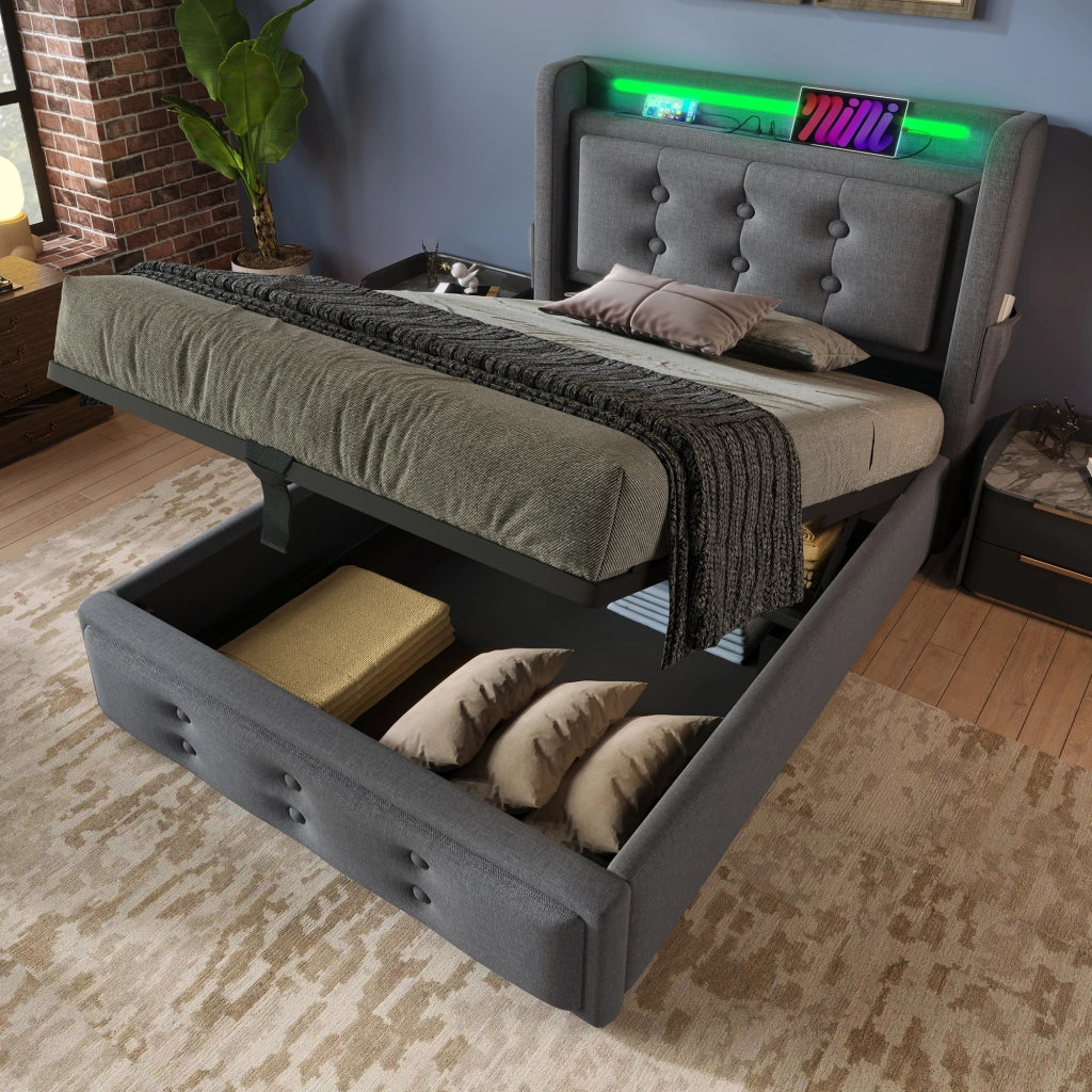 Letto Contenitore Letto Singolo 90 x 200 cm con LED; USB; Tipo C e Ripiano; senza Materasso; Grigio