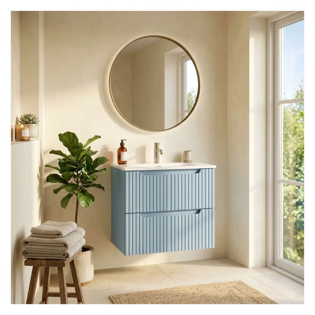 Set bagno sospeso VANO blu denim 60cm: mobile sottolavello con cassetti + lavabo da incasso bianco