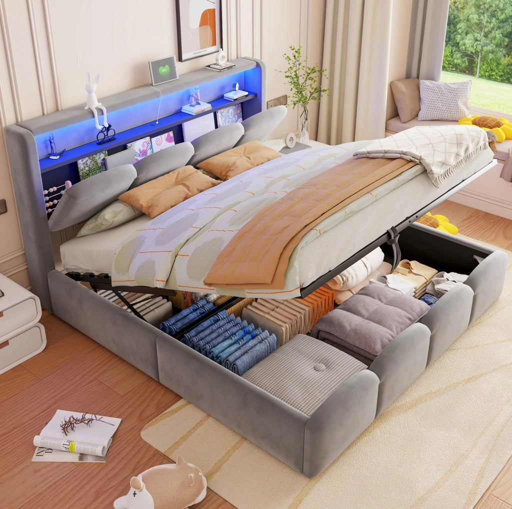 LETTO Imbottito 140x200 cm Velluto Grigio con LED, USB e USB-C