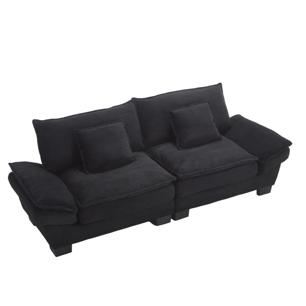 Divano a 2 posti in velluto nero 224x81x81 cm con braccioli imbottiti e cuscini