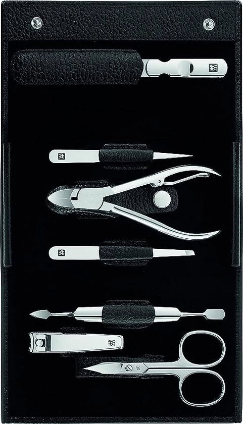Set di Manicure in Acciaio Inossidabile a 7 Pezzi con Cassetta in Pelle Lavorata, Nero