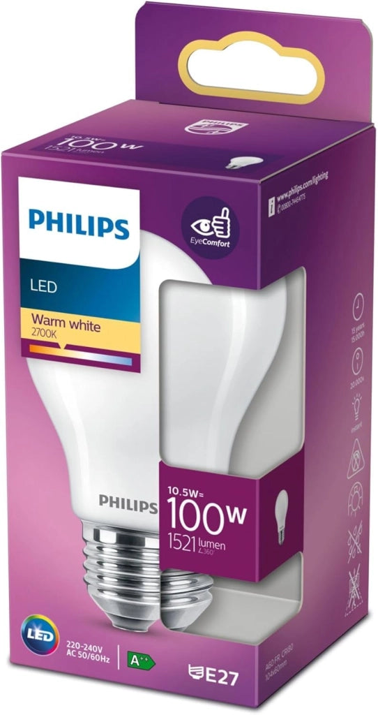 Lampada a LED Calda 2700K Philips Goccia 10,5 W=100W E27 1521 Lm 4 Pezzi