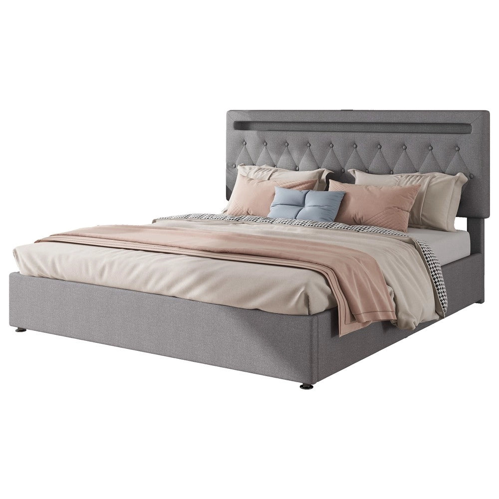 Letto contenitore imbottito ¨C Minimal ¨C Grigio 180x200cm con LED idraulico e porta USB