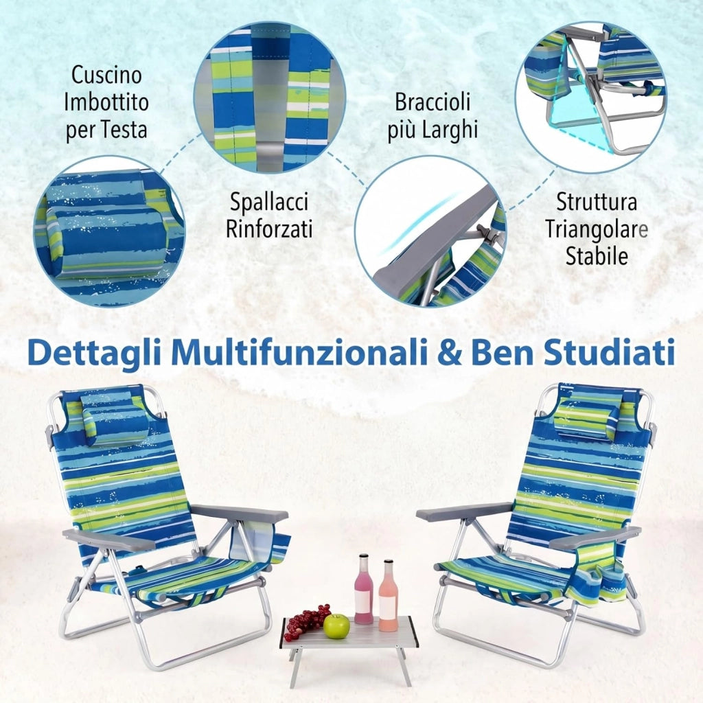 Set di 2 Sedie e Tavolino da Spiaggia Pieghevole, Schienale Regolabile a 5 Livelli, con Portatesta, Borsa Portaoggetti, Borsa Termica, per Campeggio Picnic Esterno (Blu+Verde, Modello 2)