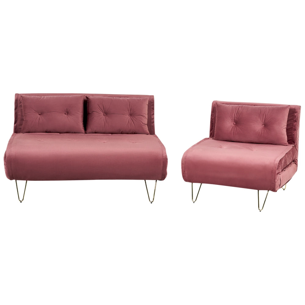 Set di 2 divani letto a 2 e 1 posto in velluto rosa con cuscini e gambe in metallo soggiorno glamour elegante