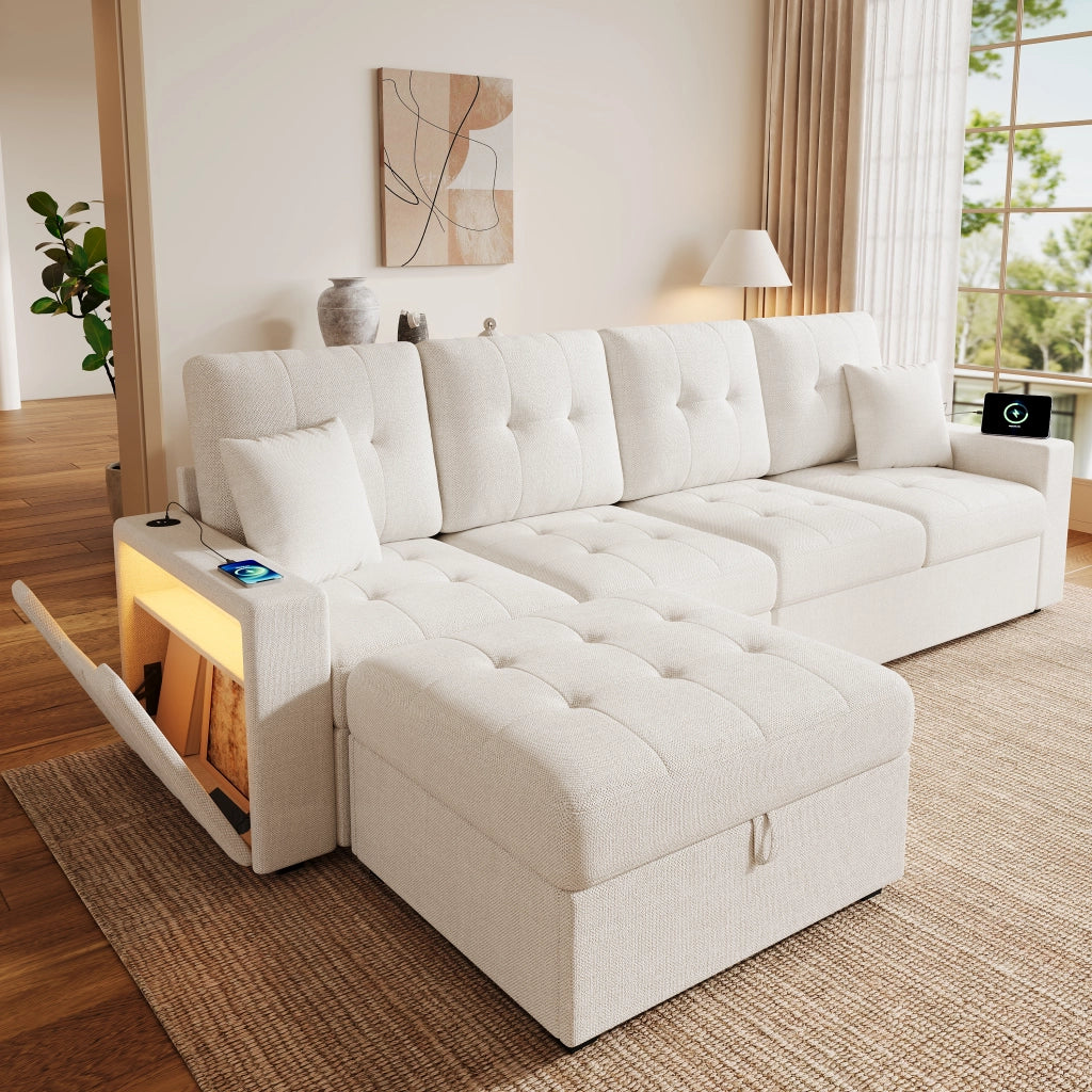 Divano angolare 4 posti con contenitore; USB e LED; pouf modulare in tessuto beige