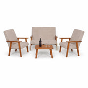 SET SALOTTO DA GIARDINO CON DIVANO, 2 POLTRONE + TAVOLINO IN LEGNO TABACCO E TESSUTO COLORE BEIGE