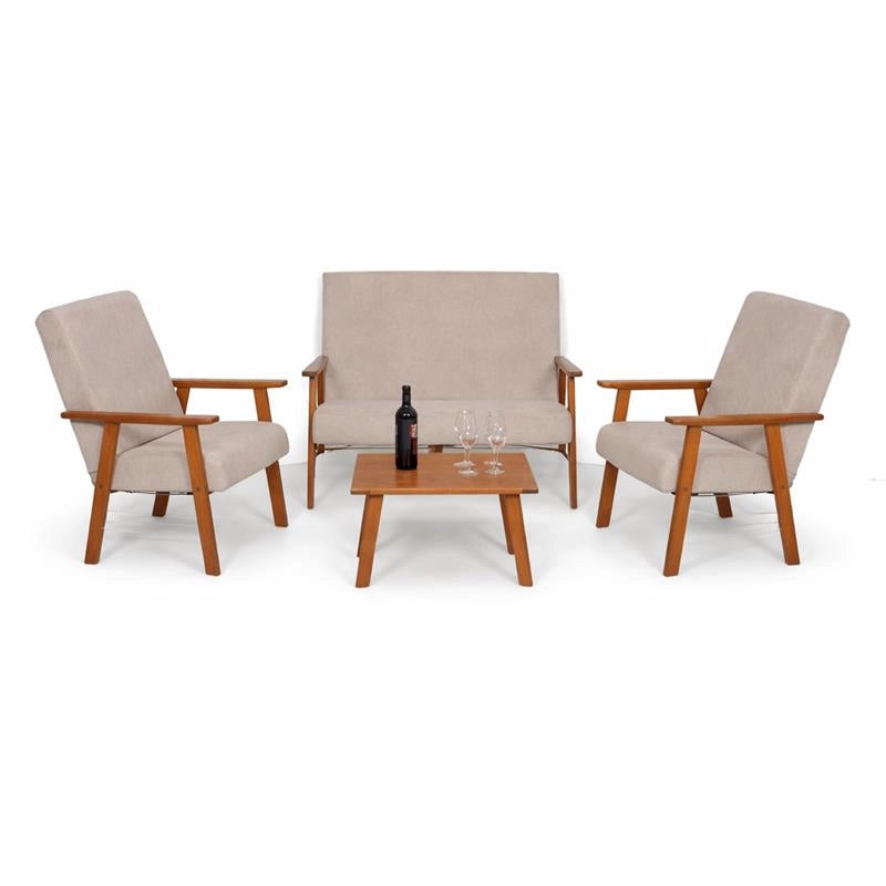 SET SALOTTO DA GIARDINO CON DIVANO, 2 POLTRONE + TAVOLINO IN LEGNO TABACCO E TESSUTO COLORE BEIGE