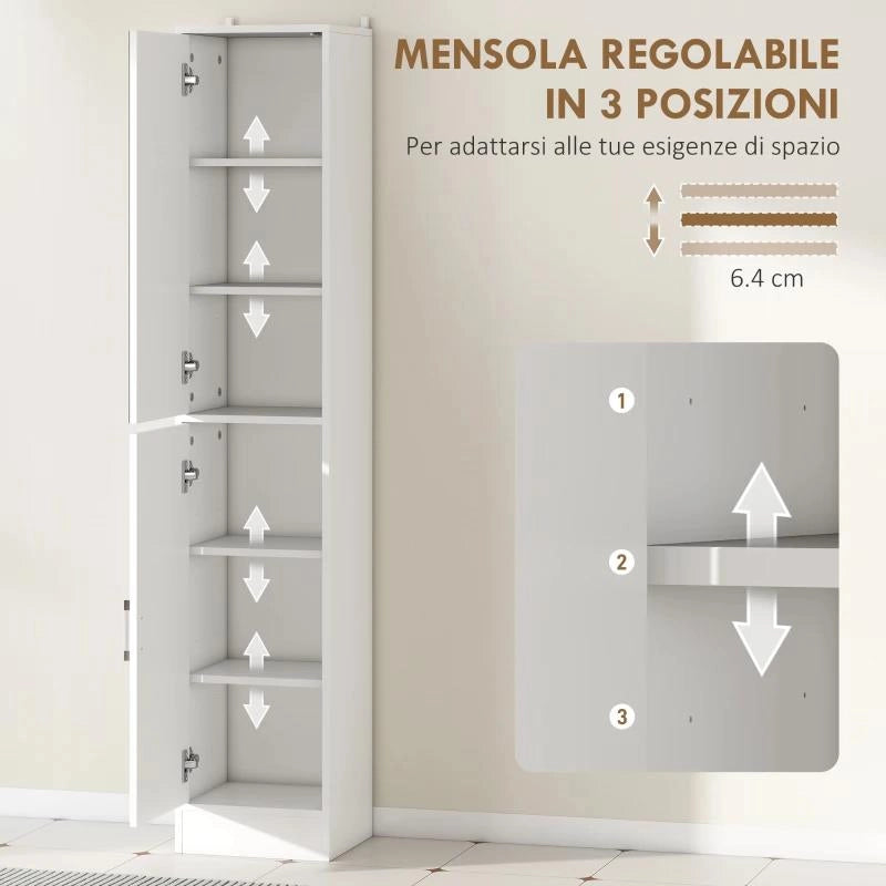 MOBILE COLONNA BAGNO IN LEGNO A 5 RIPIANI CON ANTA A SPECCHIO APRIBILE, 32X28X162 CM, BIANCO