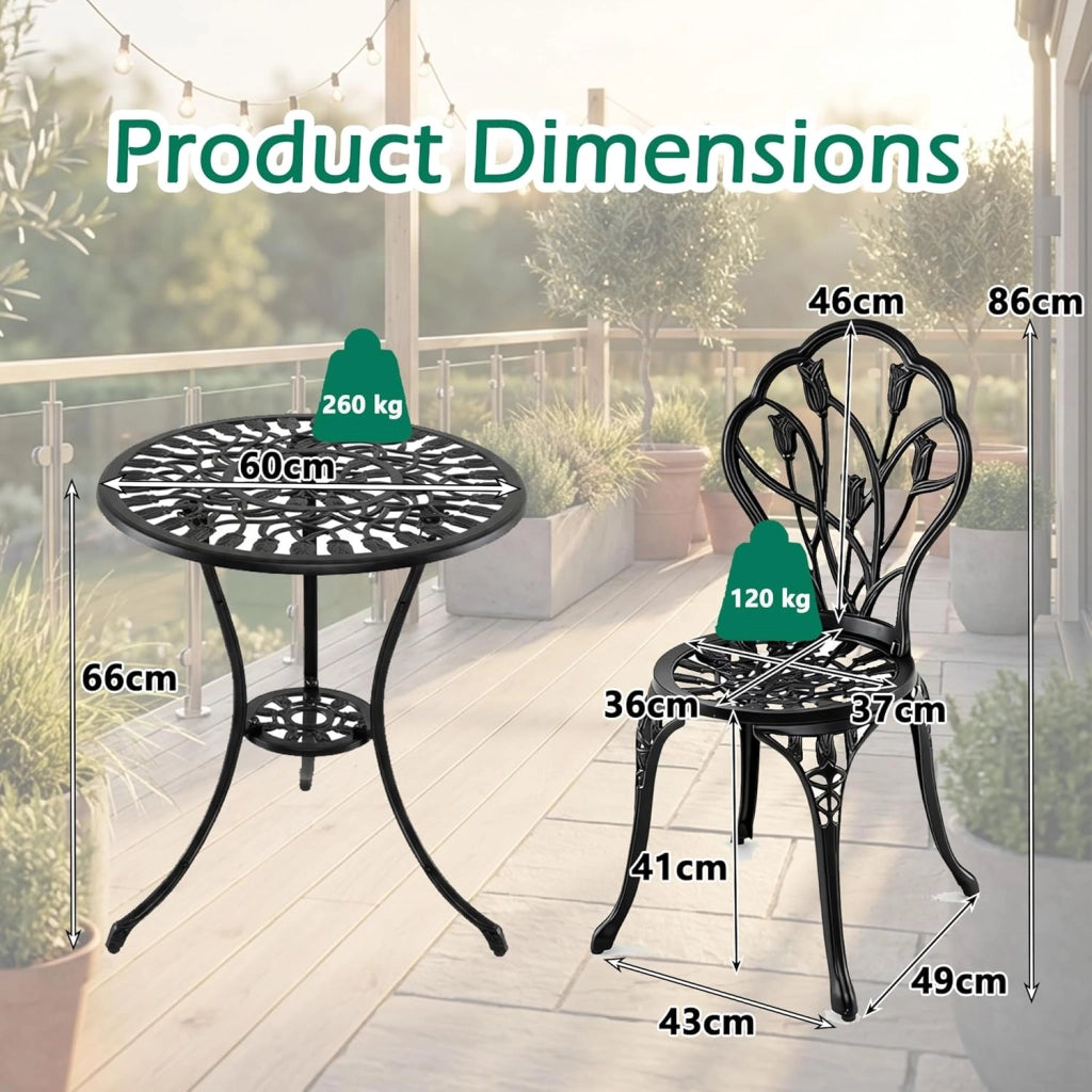Set da Giardino 3 Pezzi, Tavolo da Bistrot con 2 Sedie in Alluminio Pressofuso, Tavolo con Foro per Ombrellone e Piedini Regolabili, Mobili Resistenti per Balcone, Terrazza e Cortile