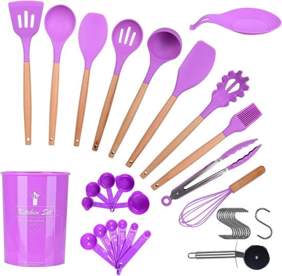 Set di silicone per cucina, 35 pezzi, set di accessori antiaderenti per cottura inclusi spatola, cucchiaio di schiuma, cucchiaio, forchetta per pasta, forchetta per pizza, uncino e altro (blu)