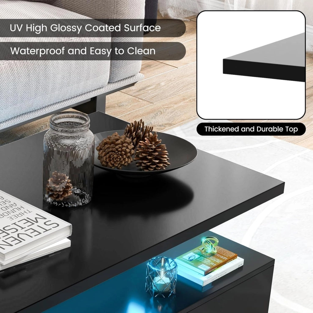 Tavolino da salotto con illuminazione dinamica a LED, tavolino da tè con colori di luce e luminosità regolabili, lucido, moderno tavolino a 2 livelli, 110 x 60 x 40 cm