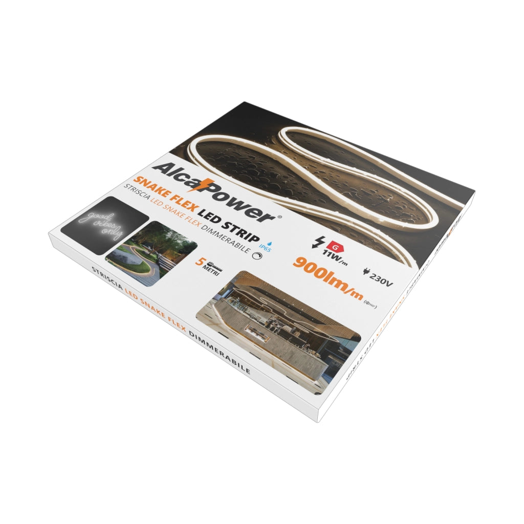 Alcapower Striscia LED Snake Flex 5m IP65 12W/m 6500K 120 LED/m, Alimentazione 230V AC, Protezione in Silicone, Flessibile ad Alta Resistenza