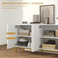 Credenza Moderna a 4 Ante con Chiusura Ammortizzata e Mensole Regolabili, 140x40x75cm, Bianco e Oro