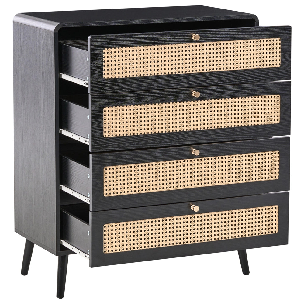 Cassettiera MDF 4 cassetti Gambe in legno Maniglie dorate Stile boho PE Rattan Nero