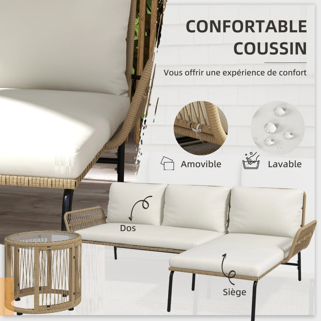 Divano Angolare Esterno 3 Posti con Poltrona e Tavolino ¨C Zephmum ¨C Resina Intrecciata Colore Crema