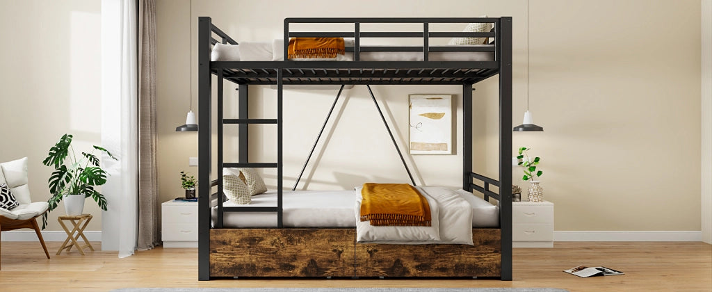 DESMIU Letto a castello 140 × 200 cm 2 posti con 2 cassetti, scala e sponda, senza materasso, nero