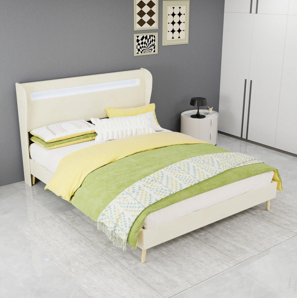 Letto imbottito con LED regolabili, 140x200 cm, tessuto e metallo, beige