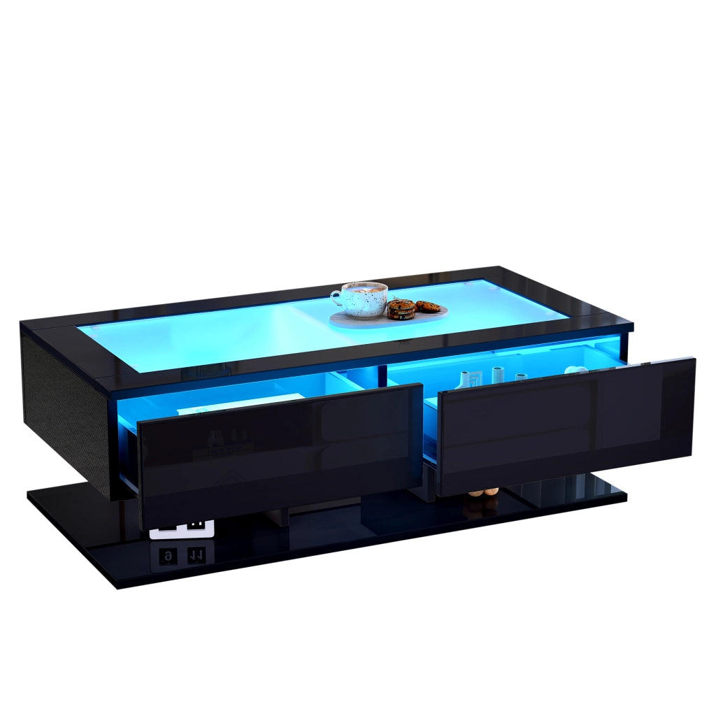 Tavolino basso con 2 cassetti, piano in vetro temperato e LED, finitura lucida, per soggiorno, nero, 100 × 50 × 35 cm