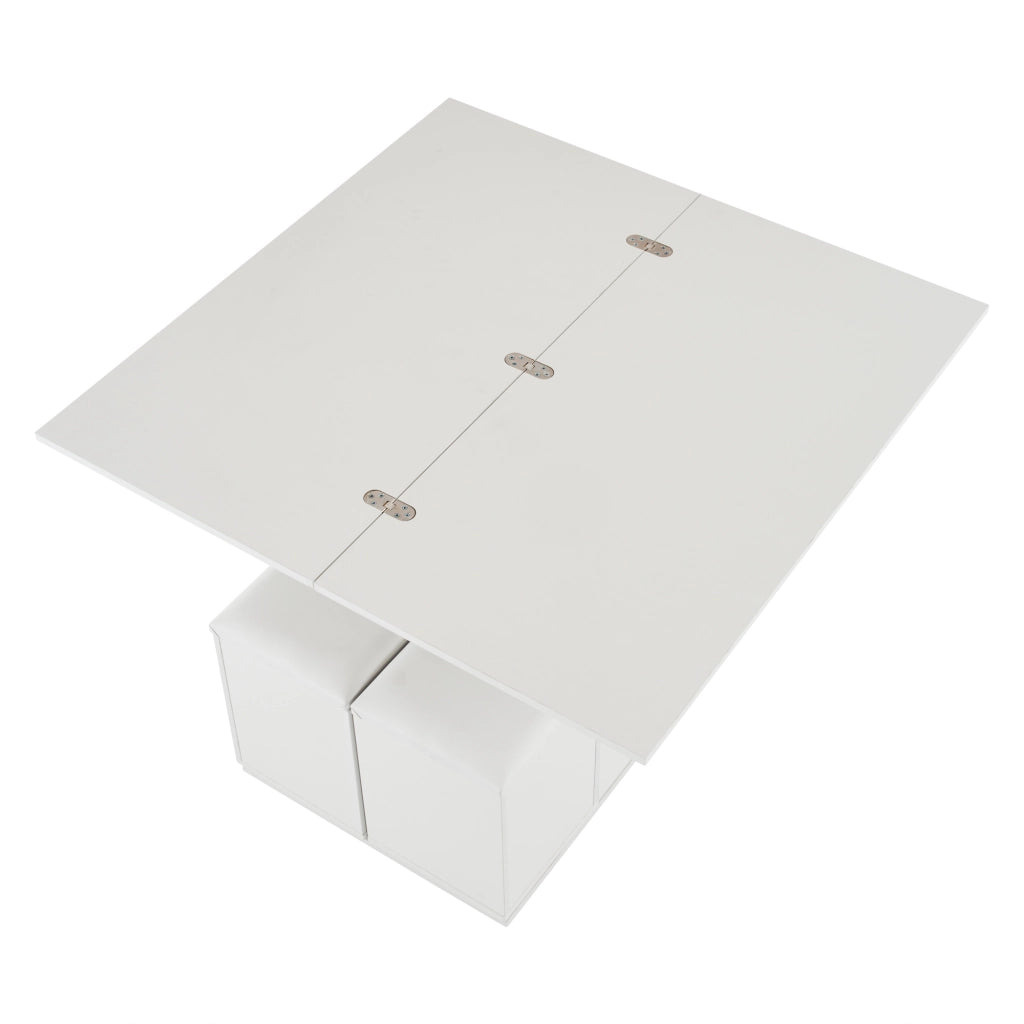 Tavolino da salotto 100x100x63.5 cm; piano regolabile con 4 sgabelli; truciolare bianco