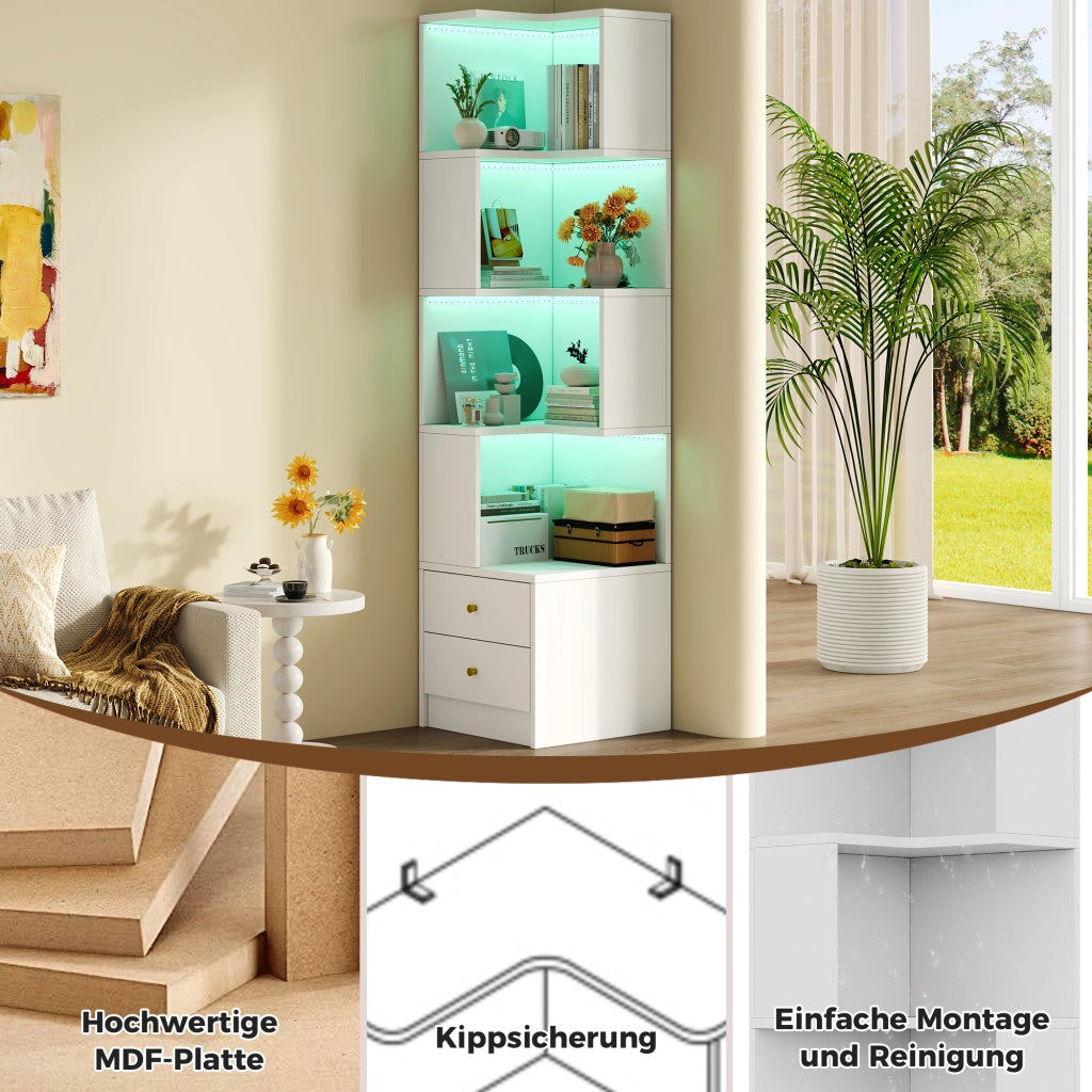 Libreria angolare con LED da app 4 ripiani aperti e 2 cassetti in MDF per studio soggiorno bianca 45 × 43,5 × 180 cm