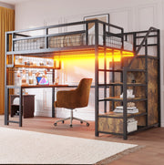 Letto a soppalco 140x200 cm con scrivania, scala contenitore e armadio in MDF e metallo nero