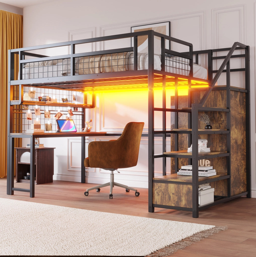 Letto a soppalco 140x200 cm con scrivania, scala contenitore e armadio in MDF e metallo nero
