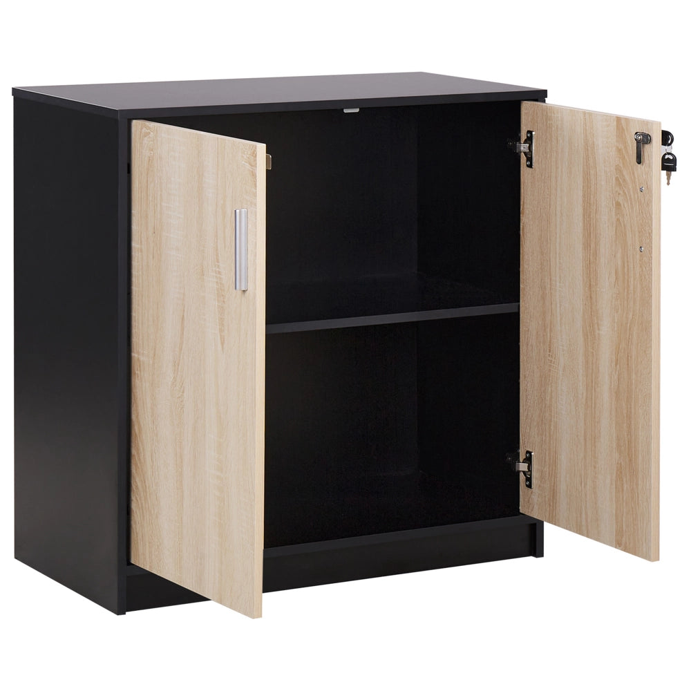 Armadietto moderno con 2 ante e 2 ripiani per l'ufficio con chiusura a chiave in legno chiaro e nero ufficio di casa stile moderno