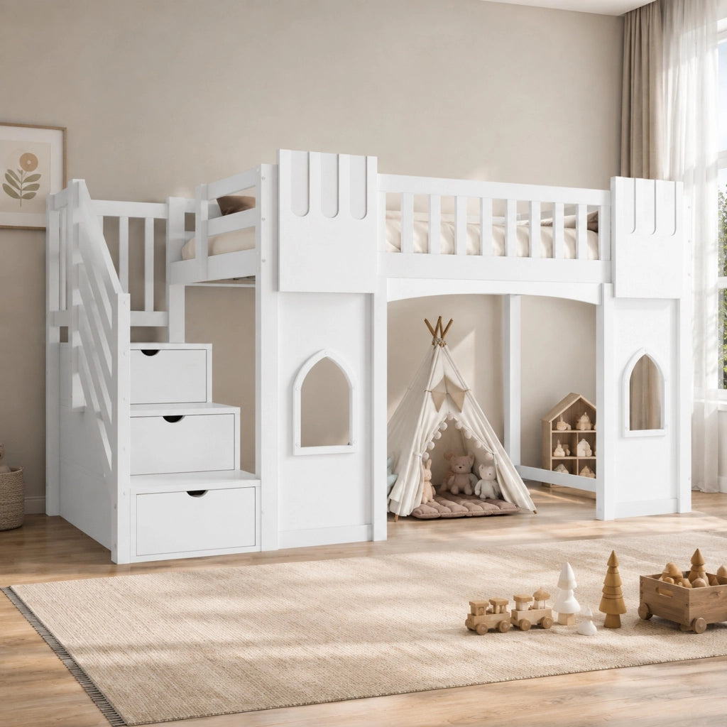 Letto a soppalco 90x200 cm con scala contenitore e finestre