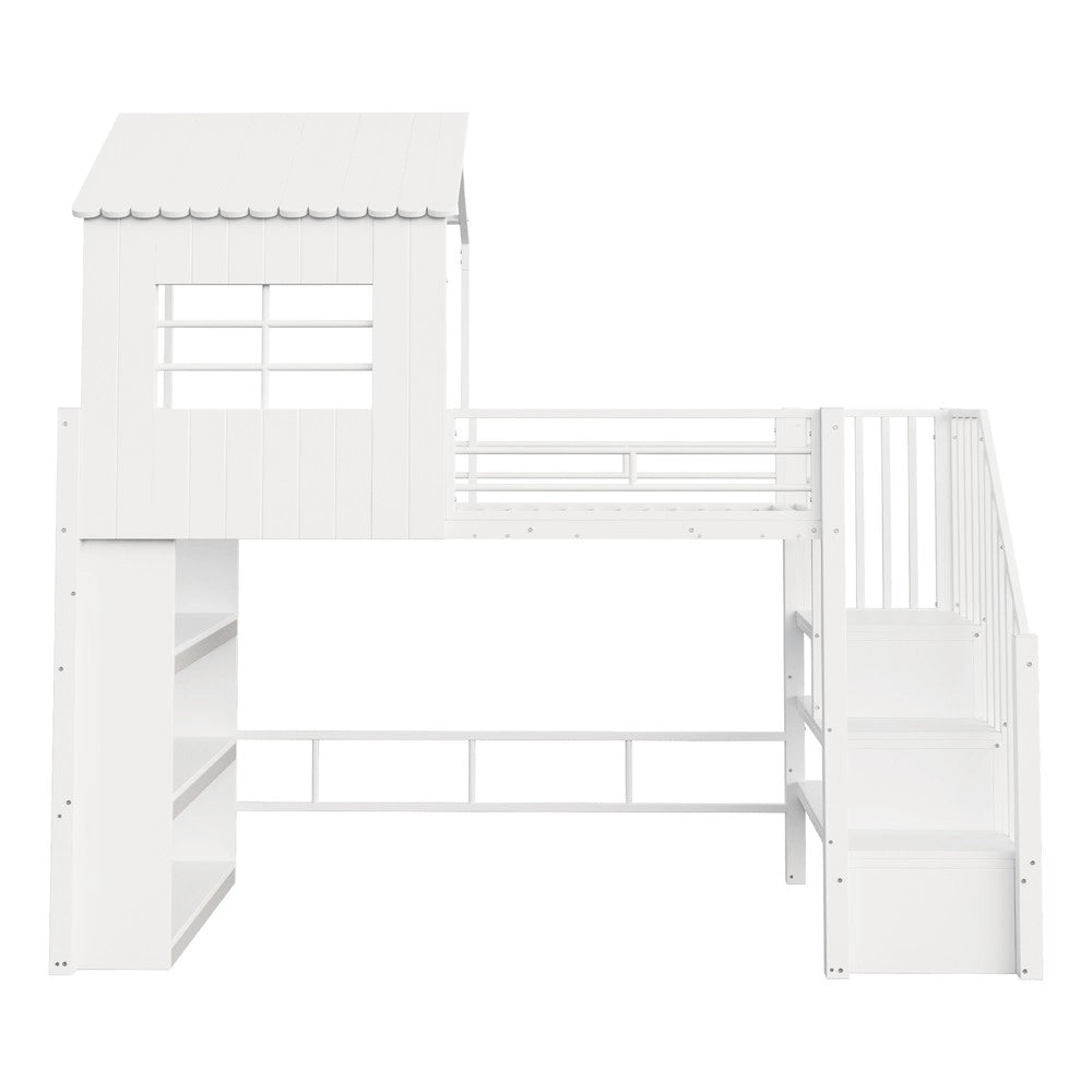 Letto a Soppalco Singolo in Metallo ¨C Xylo ¨C Bianco, Scala, Ripiani, 90x200