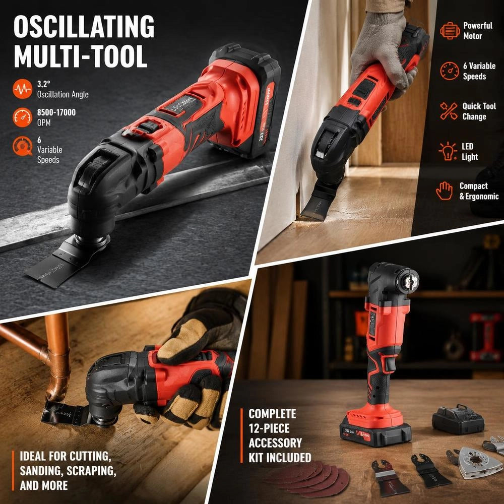 Cordless Oscillating Tool, 20V Oscillating Multi Tool Kit With 6 Variable Speeds 8500 - 17000 OPM, 3.2° Oscillating Angle, 2.0Ah Battery Pack & Charger, 12PCS Saw Accessories & LED Work Light