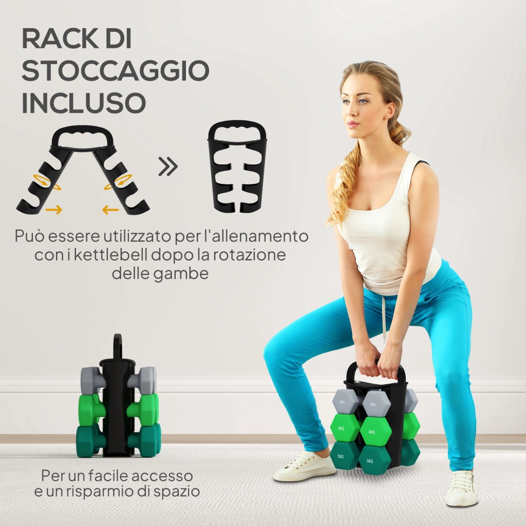 Set 6 Pesi Manubri con Supporto Coppie da 3-4-5 Kg in Metallo Verde e Nero