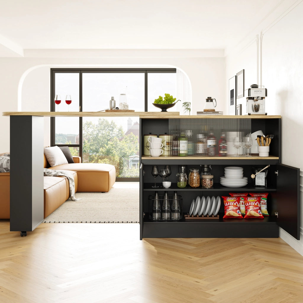 Mobile bar girevole 90x45x100 cm con porta scorrevole in vetro e struttura in MDF nero
