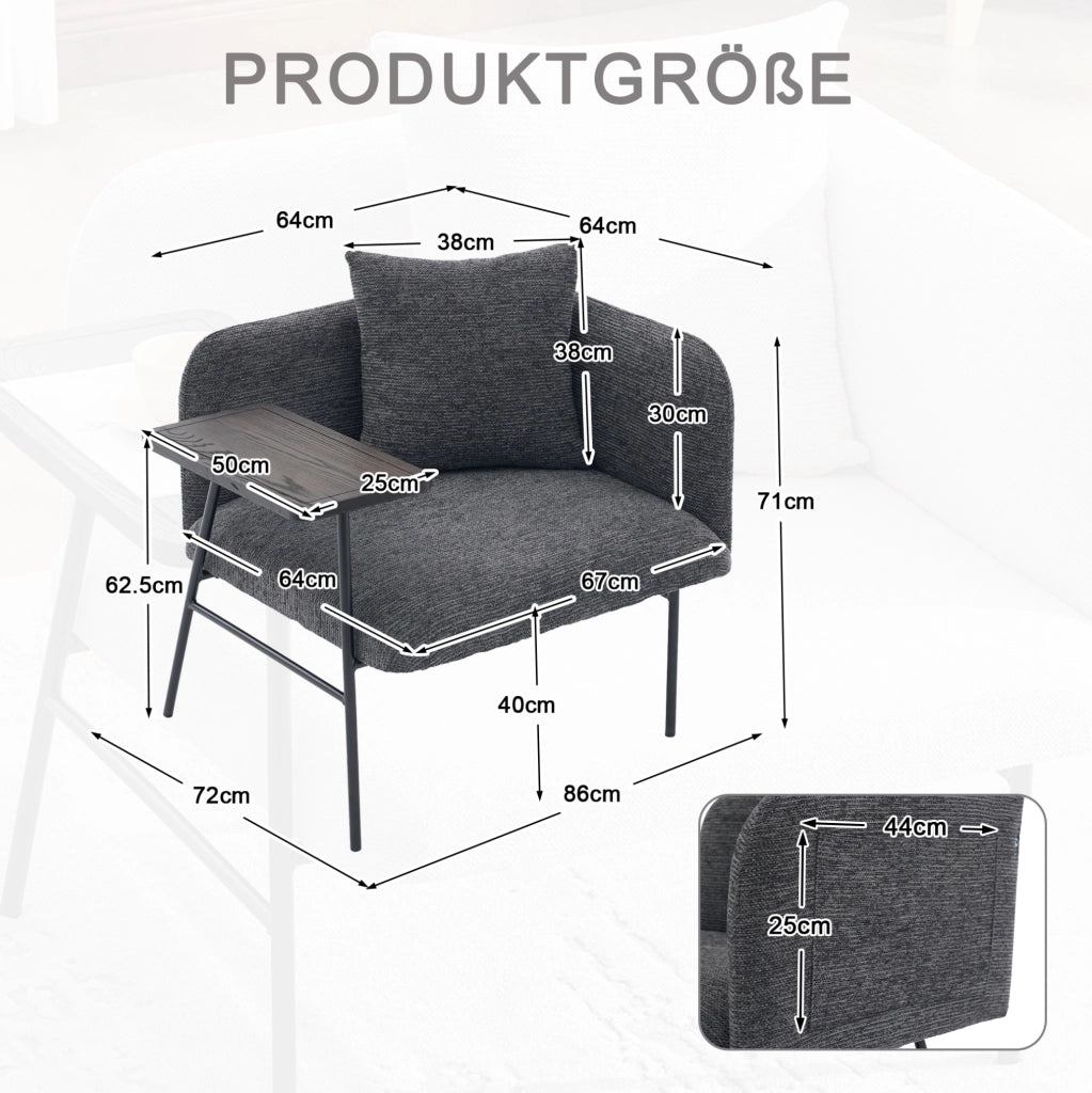 Poltrona da relax in chenille grigio scuro con tavolino laterale e tasche portaoggetti; 86x72x71 cm