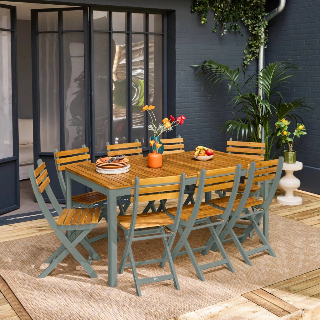 Set tavolo da giardino in acacia con angoli arrotondati con 8 sedie,