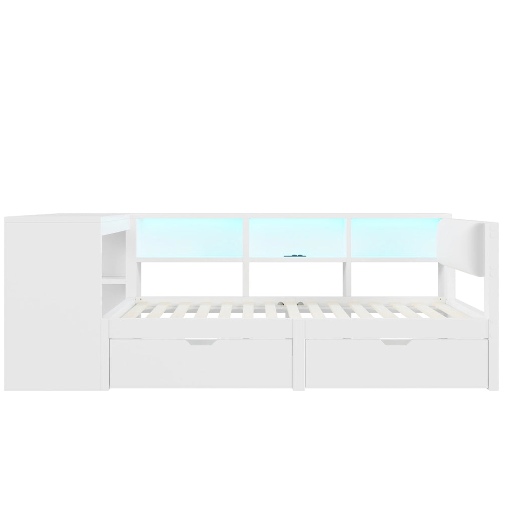 Letto a piattaforma 90x200 cm con testiera imbottita; contenitore; USB e LED; bianco