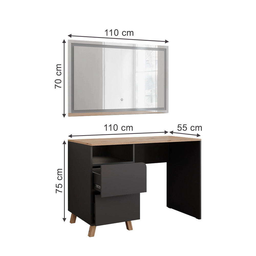 Vicco Tavolo da toeletta Antracite/Artisan 110 cm con specchio a LED