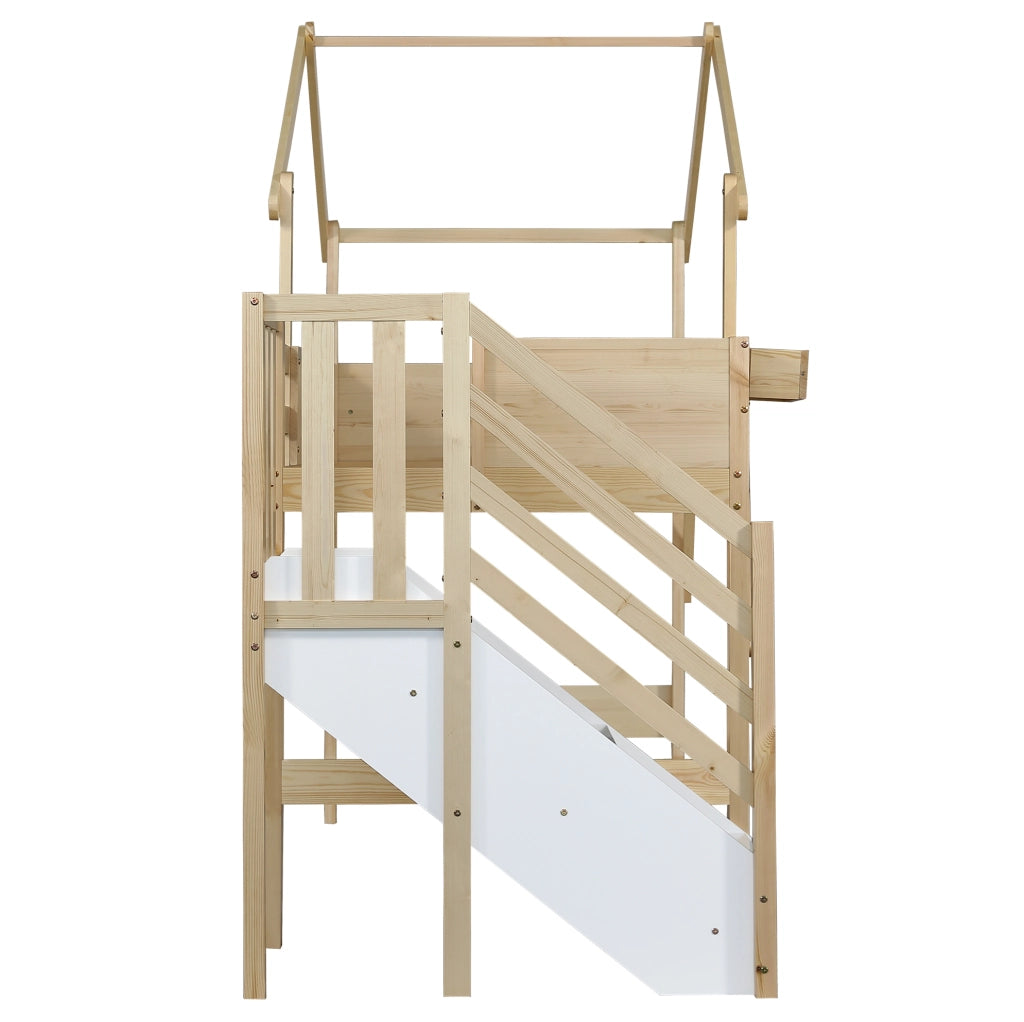 Letto a castello 90x200 cm con scala contenitore e lavagna; legno bianco e naturale
