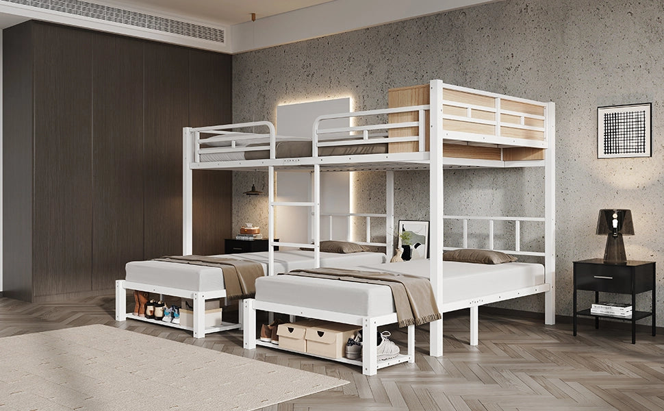 Letto a castello 3 posti 140 × 200 cm e 90 × 200 cm con ripiano aperto e porta scarpe, senza materasso, bianco